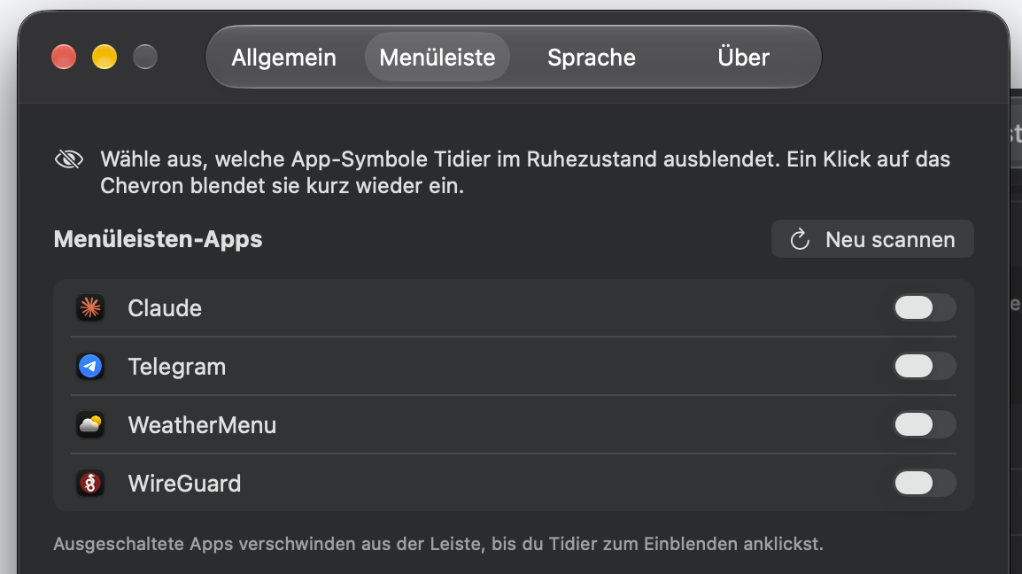 Tidier Einstellungen – Menüleiste, App-Auswahl