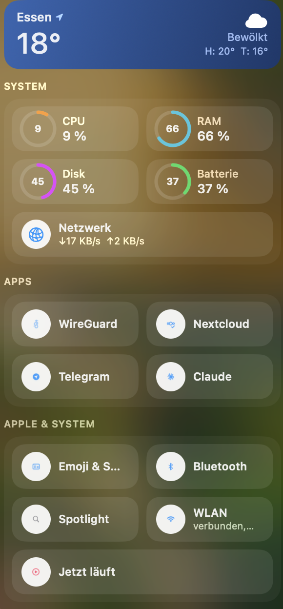Tidier Bar – Panel mit versteckten Menüleisten-Symbolen, System-Monitor und App-Kacheln